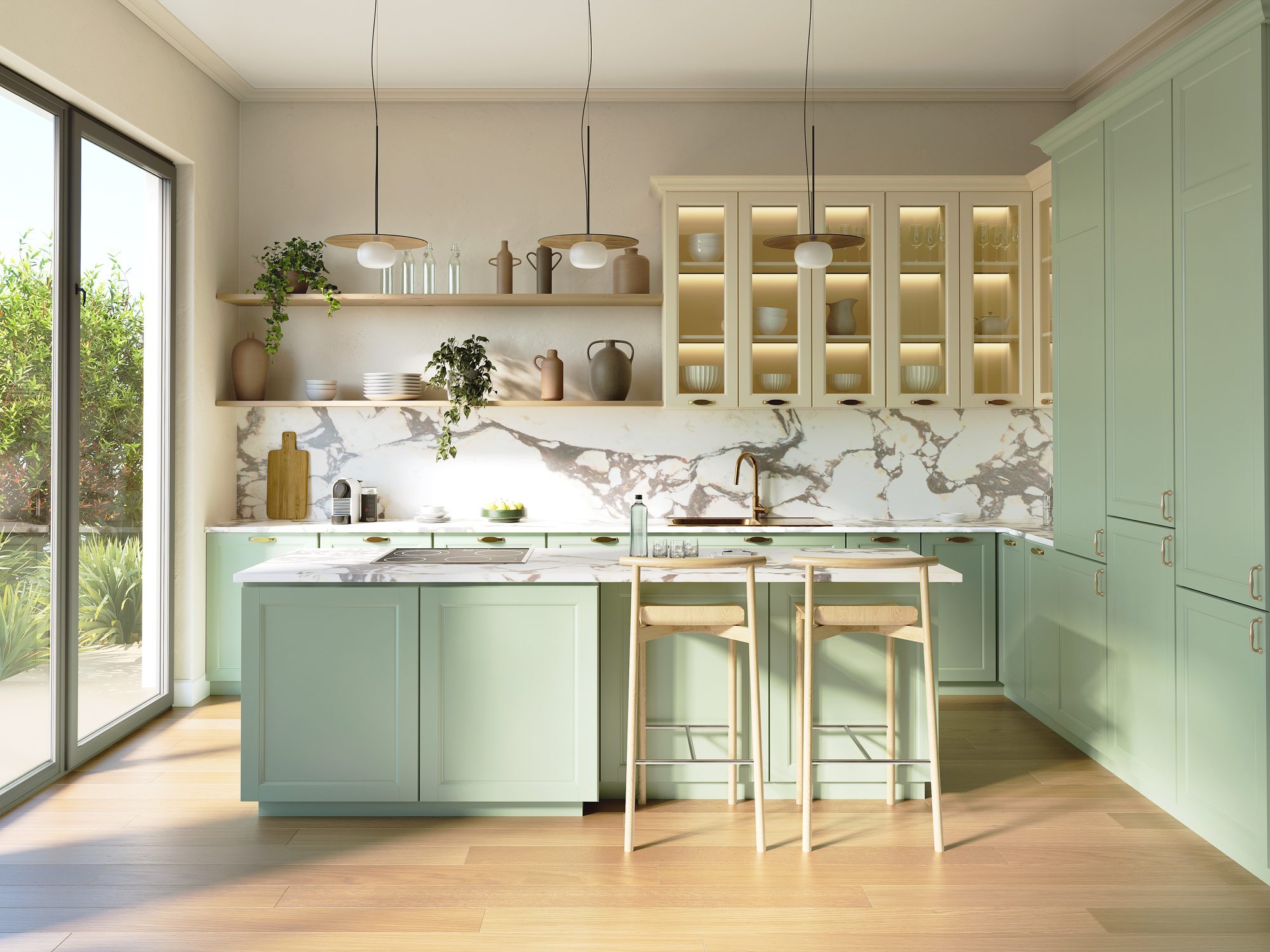 Bright kitchen with pastel green cabinets and marble backsplash.