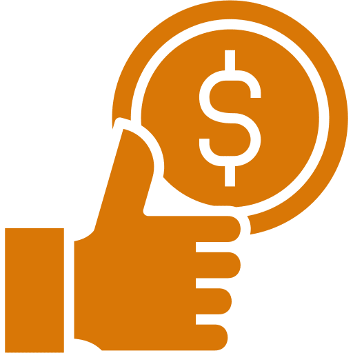 Thumbs up holding a coin with a dollar sign.