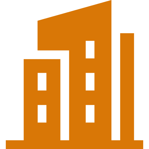 Orange icon of three urban buildings representing a cityscape.