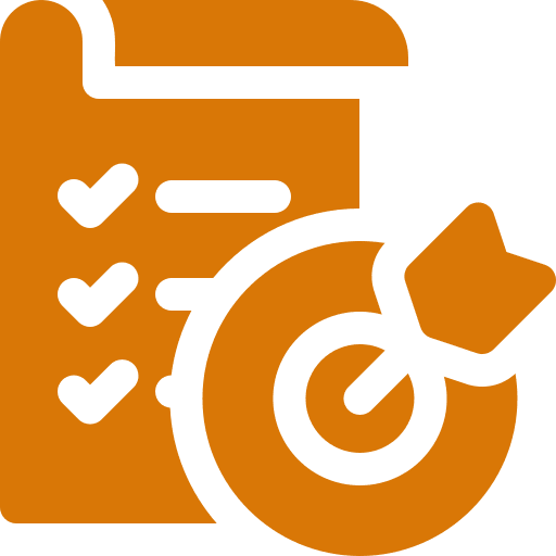 Icon showing a clipboard with checklist and a dart hitting a target.