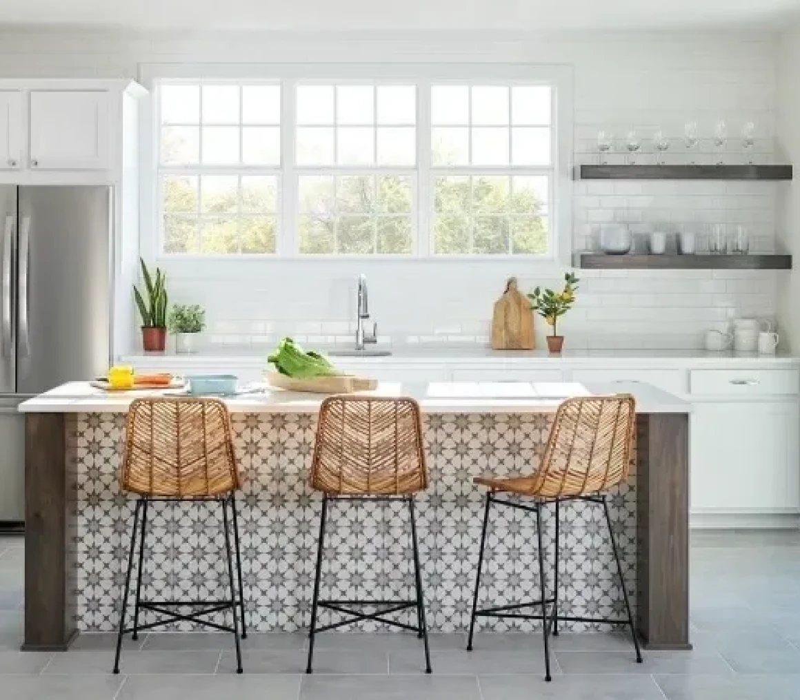 Bright kitchen with patterned island