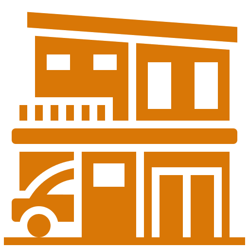 Icon of a two-story house with a garage and balcony in orange.