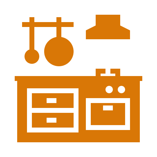 Icon of a kitchen setup with stove and hanging utensils.