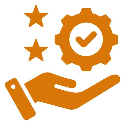 Hand offering quality assurance with stars and checkmark gear.