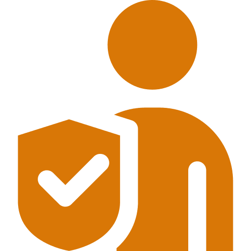 Orange icon of a person with a shield and checkmark.
