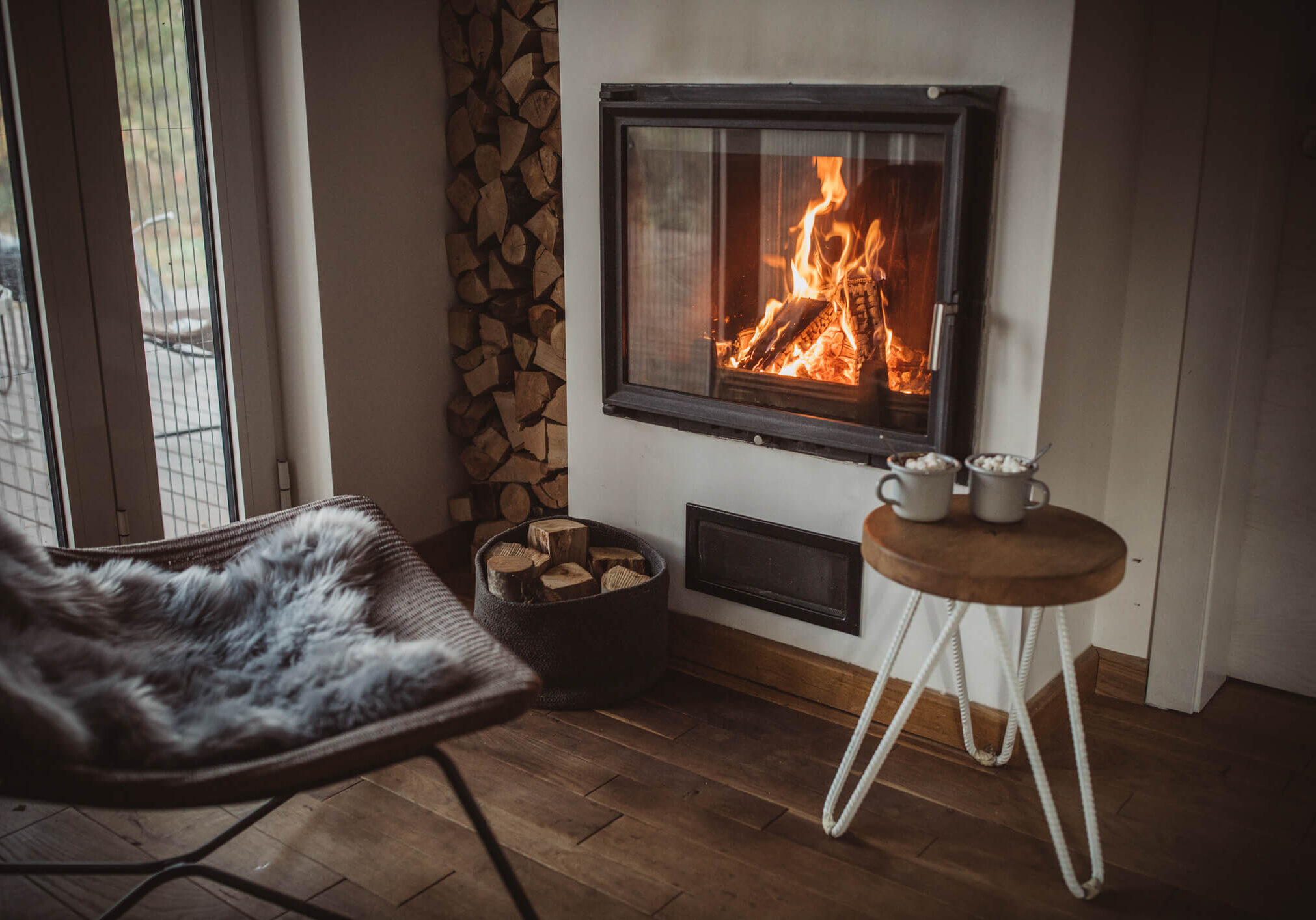 Rustic interior with crackling fireplace ambiance