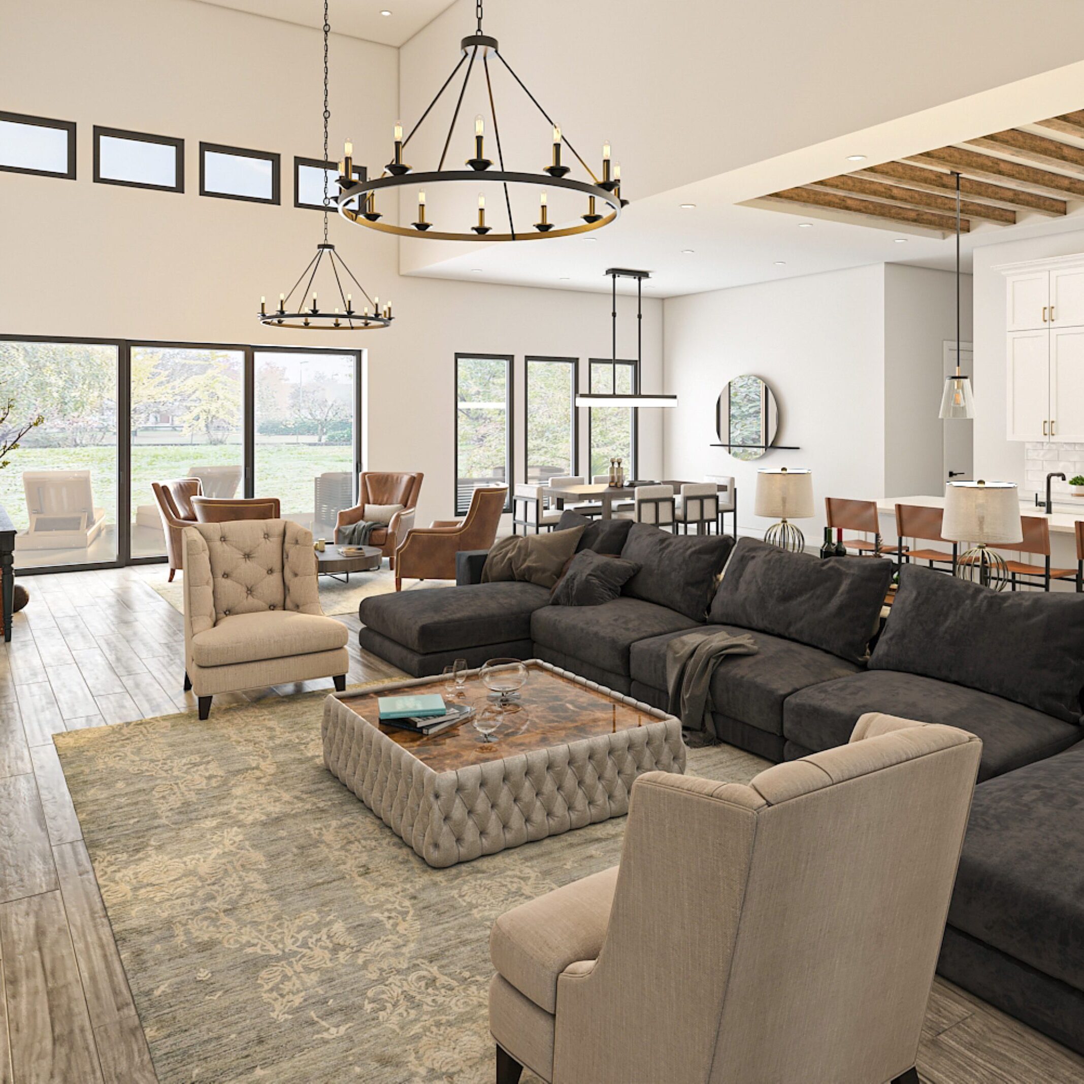 Spacious living room with large windows and modern furniture.