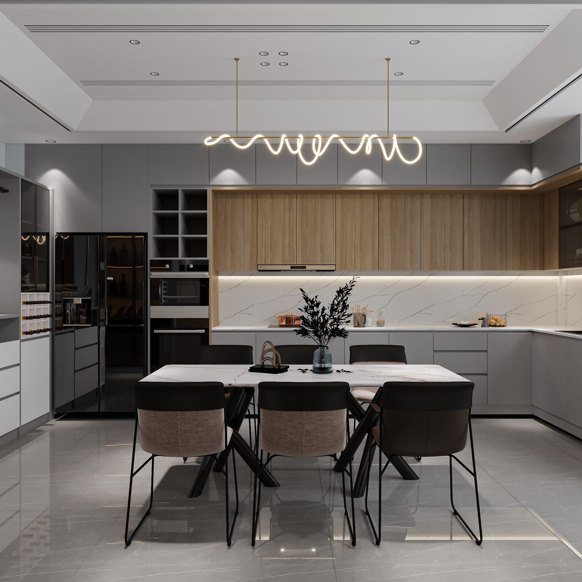 Modern kitchen and dining area with sleek design and neutral tones.
