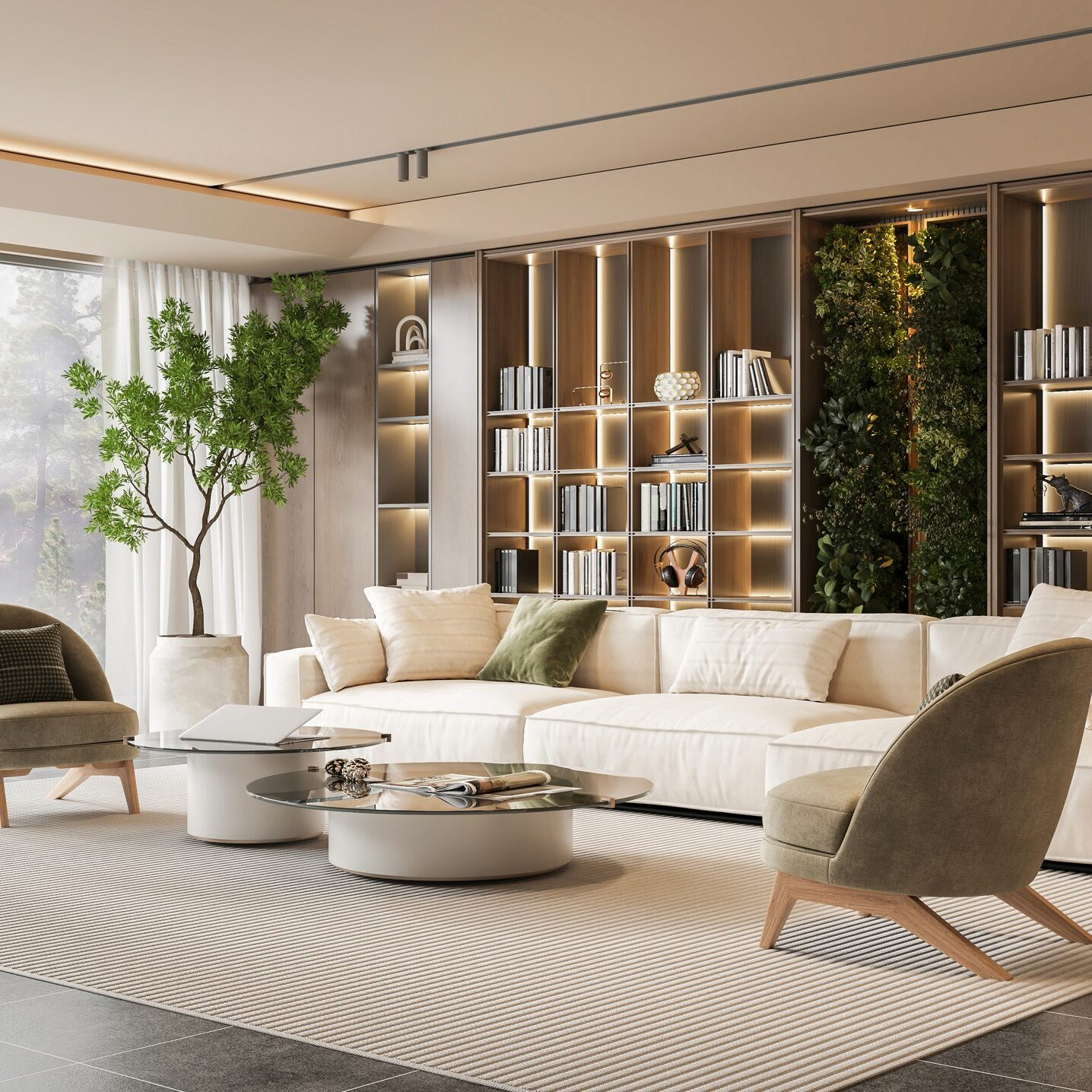 Modern living room with neutral tones and cozy seating.